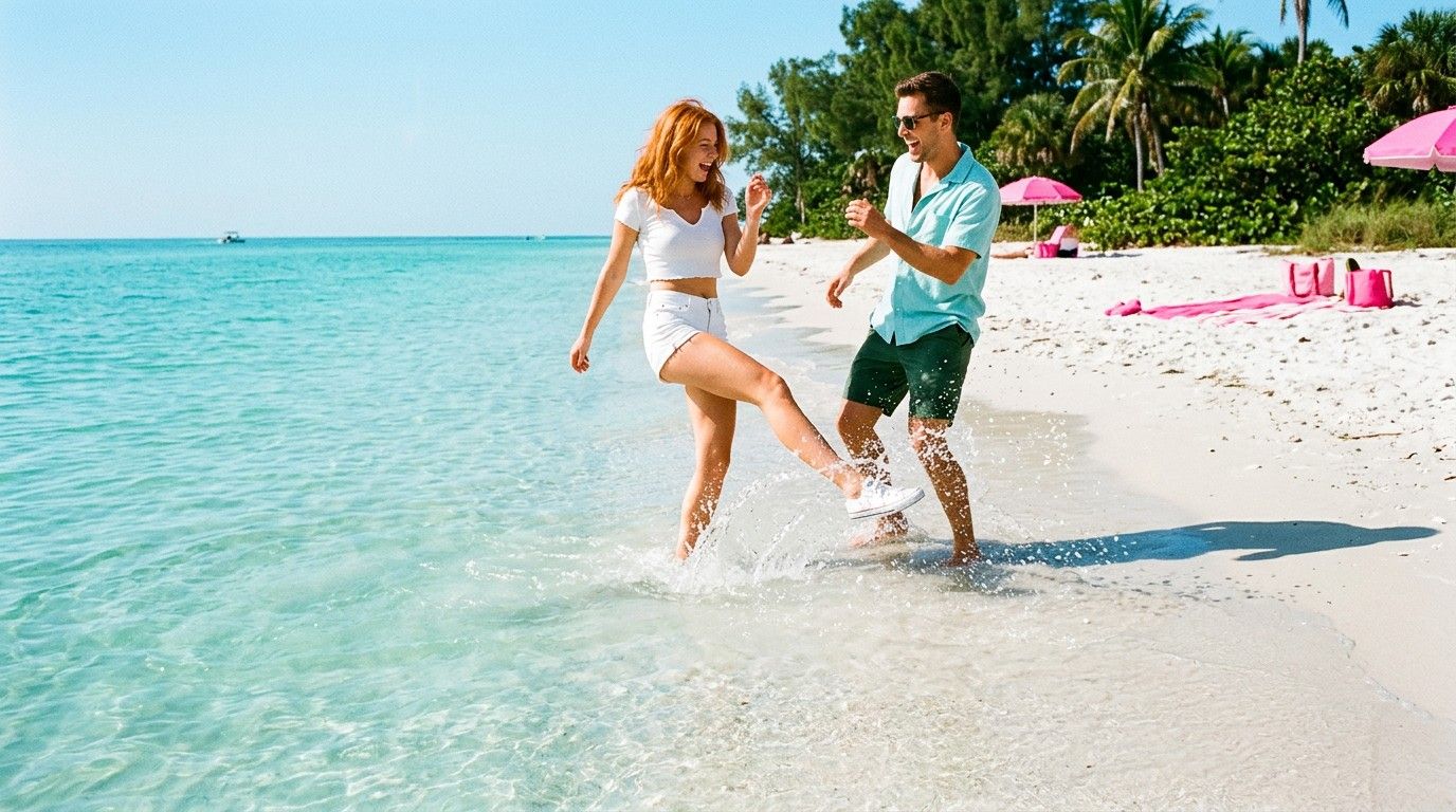 Friends splashing in turquoise Gulf water off a white sand beach