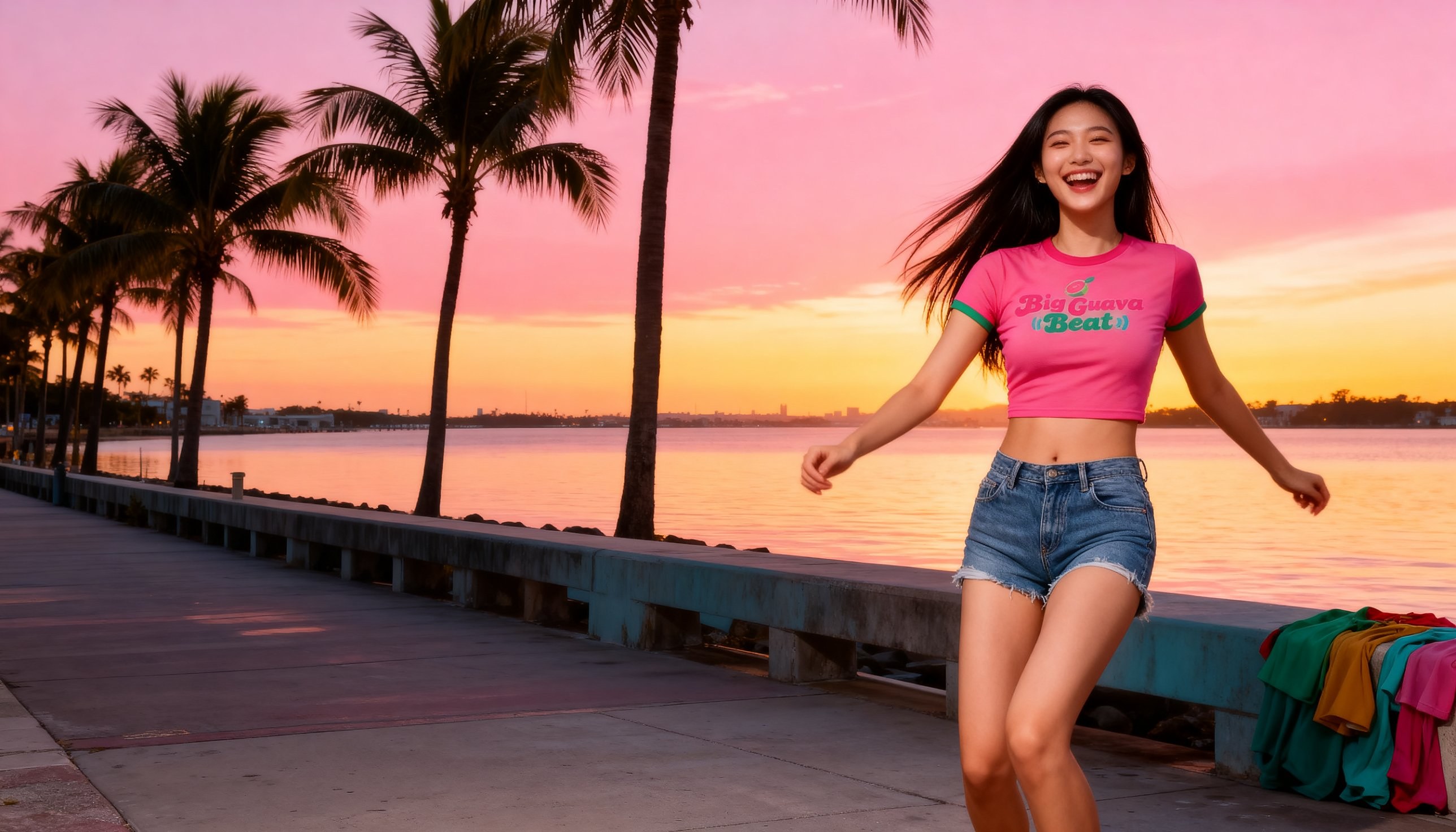 Friends dancing on a boardwalk by the bay at sunset