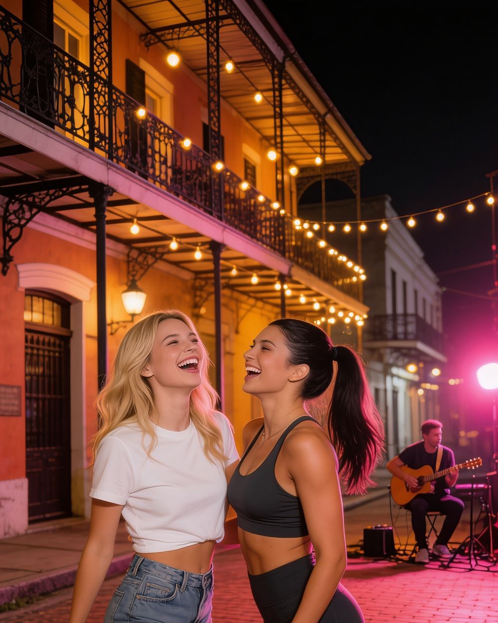 Friends laughing on a brick street with iron balconies at night